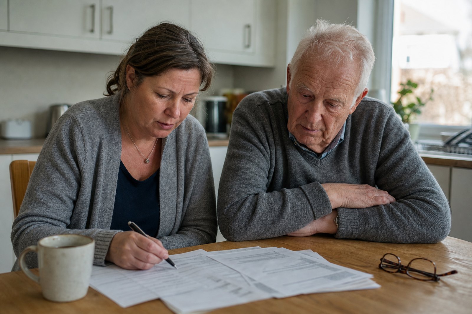 A woman and her elderly father going through paperwork together at a kitchen table