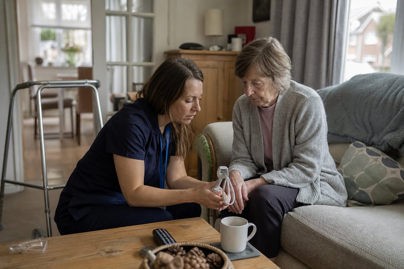 An occupational therapist showing a piece of daily living equipment to a woman in her living room