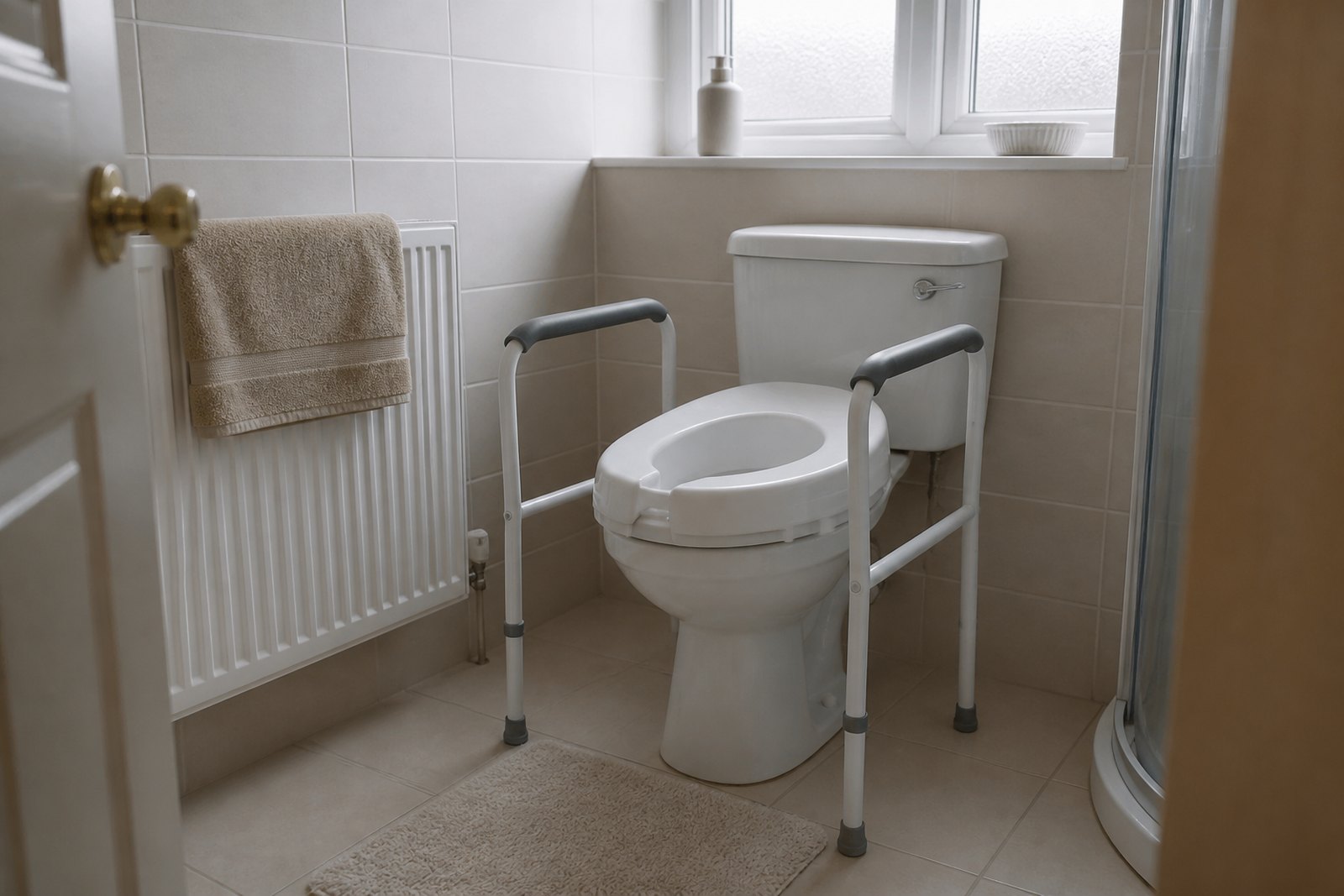 A domestic bathroom with a raised toilet seat and a toilet frame with arm rests fitted around the toilet