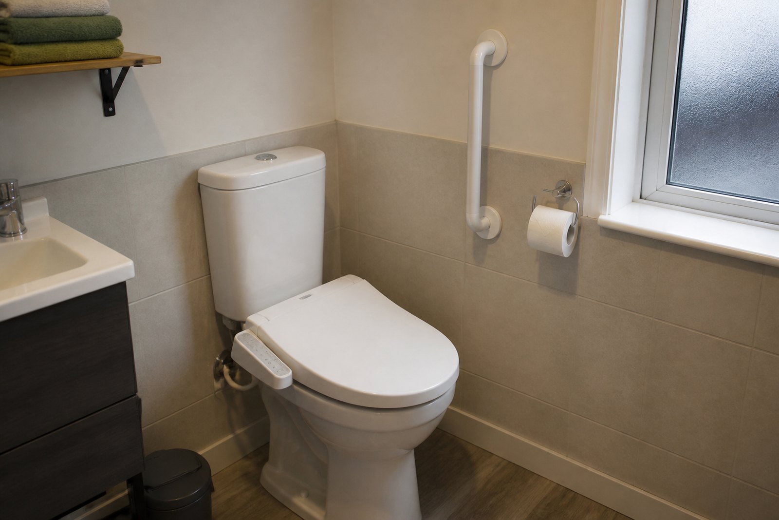 A domestic bathroom with a bidet seat fitted to the toilet and a grab rail on the wall beside it