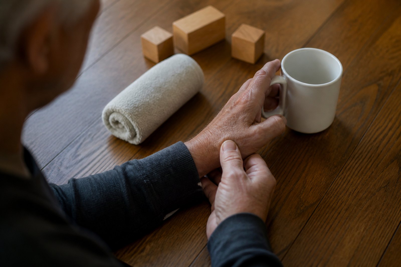 Close-up of a man practising lifting a mug with a weakened hand, his other hand steadying the wrist