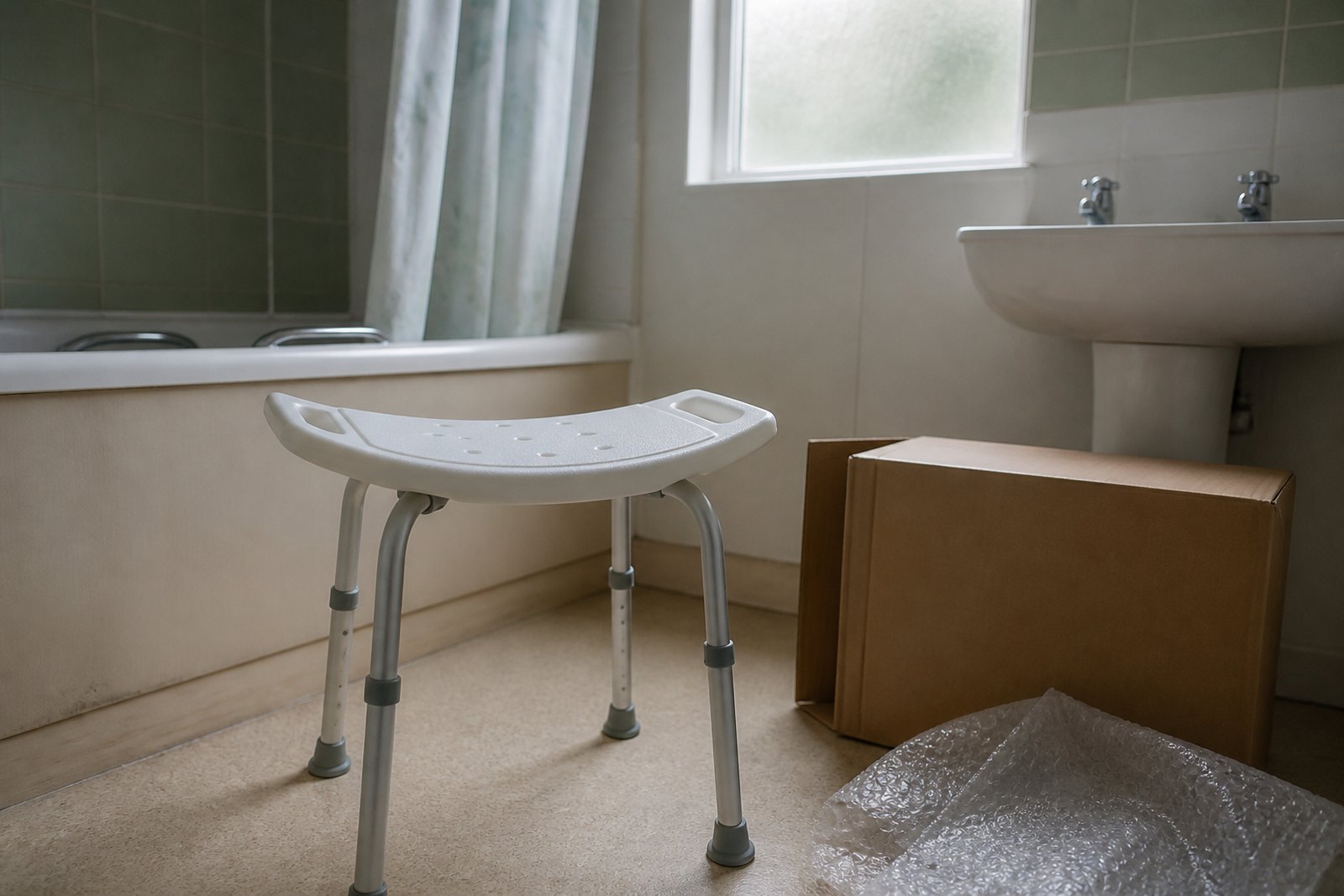 A new adjustable-height shower stool standing beside its cardboard box in a bathroom