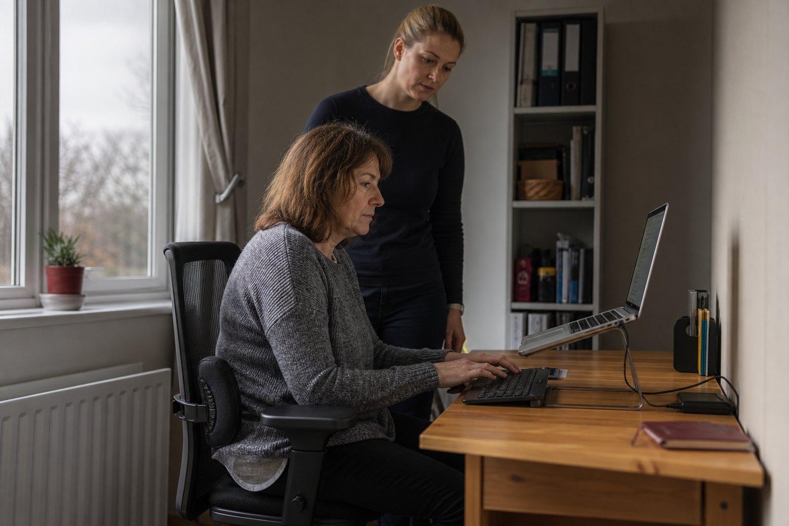 A woman working at a home-office desk while an occupational therapist observes her seating posture