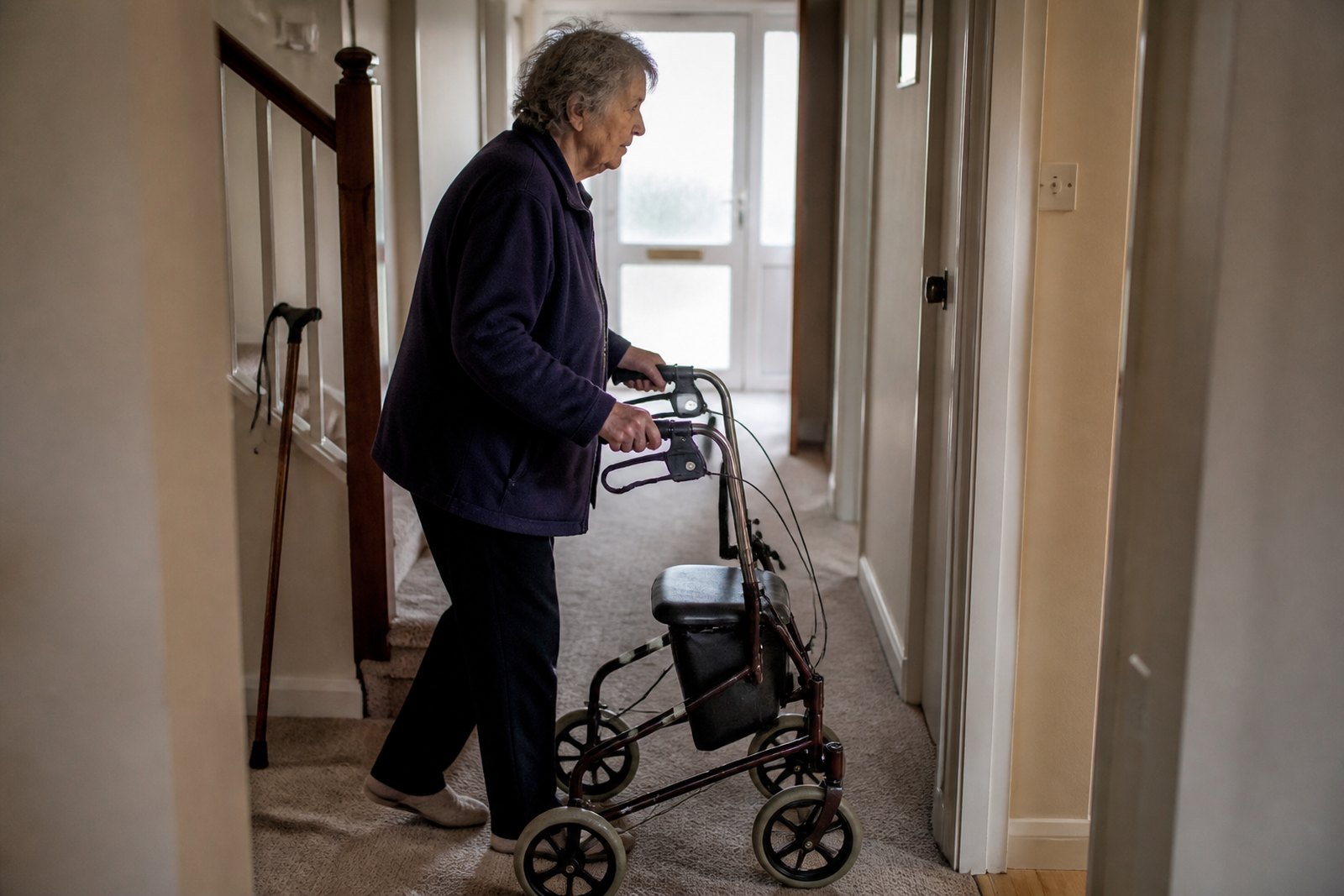 An older woman walking along her hallway using a four-wheeled rollator walker