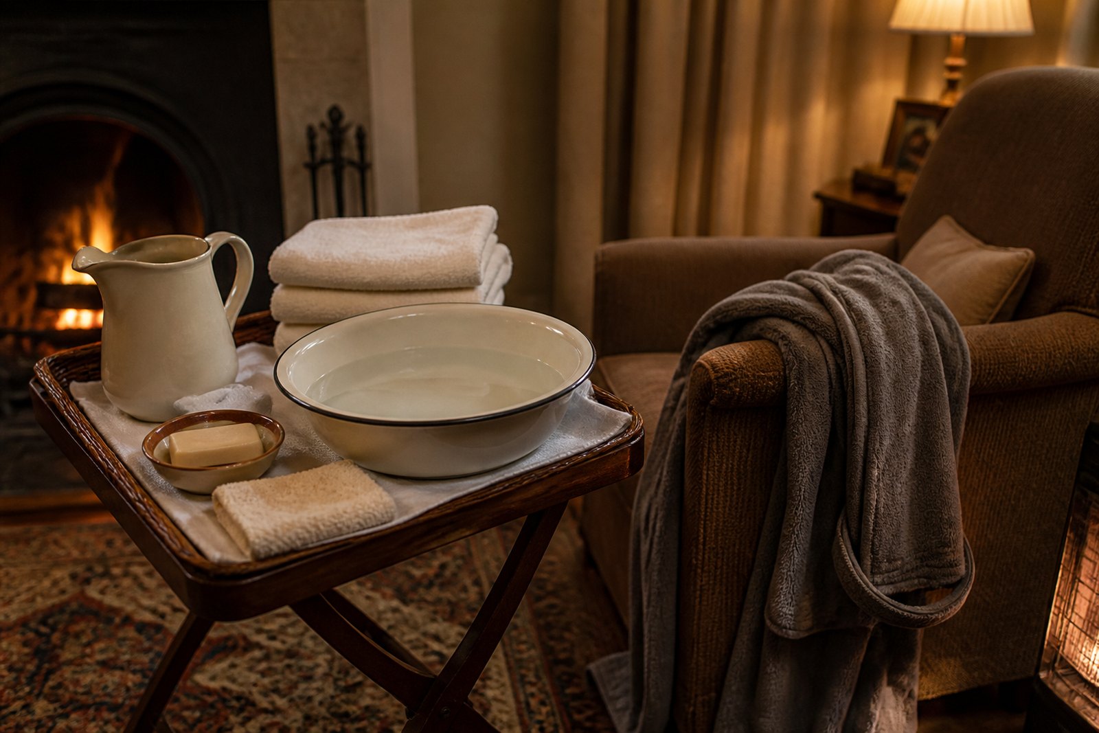 A bowl, towels, flannel and soap laid out on a table beside an armchair, ready for a wash