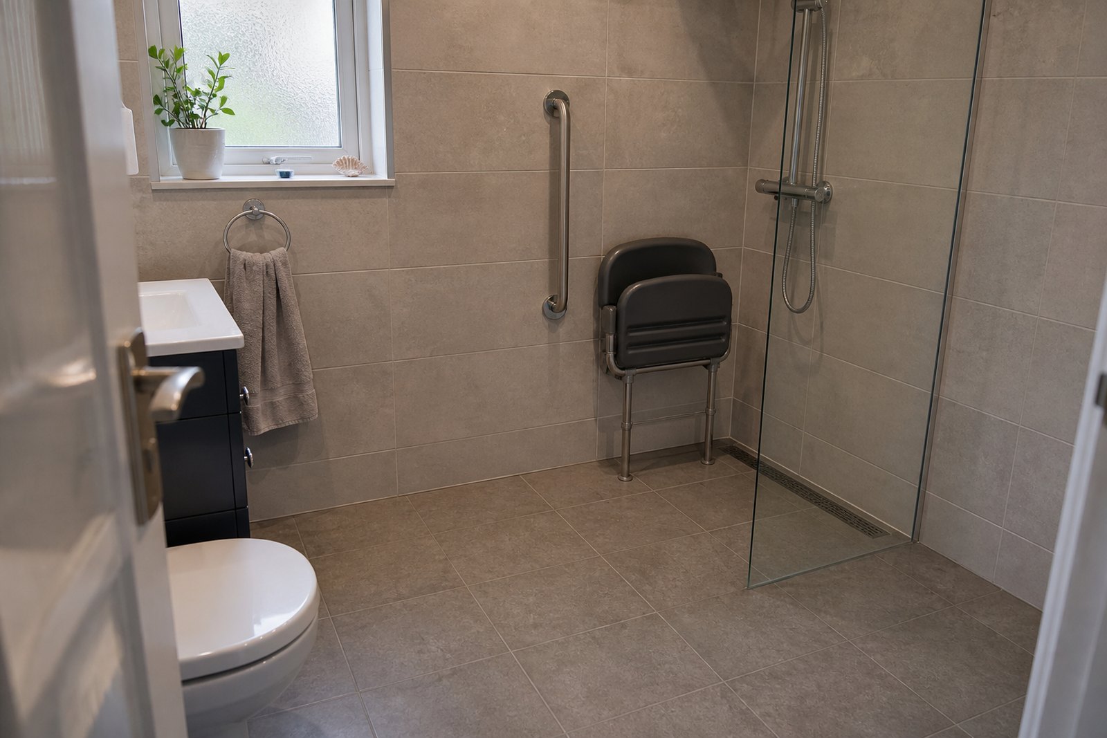 A level-access domestic wet room with a fold-down shower seat, grab rail and half-height glass screen