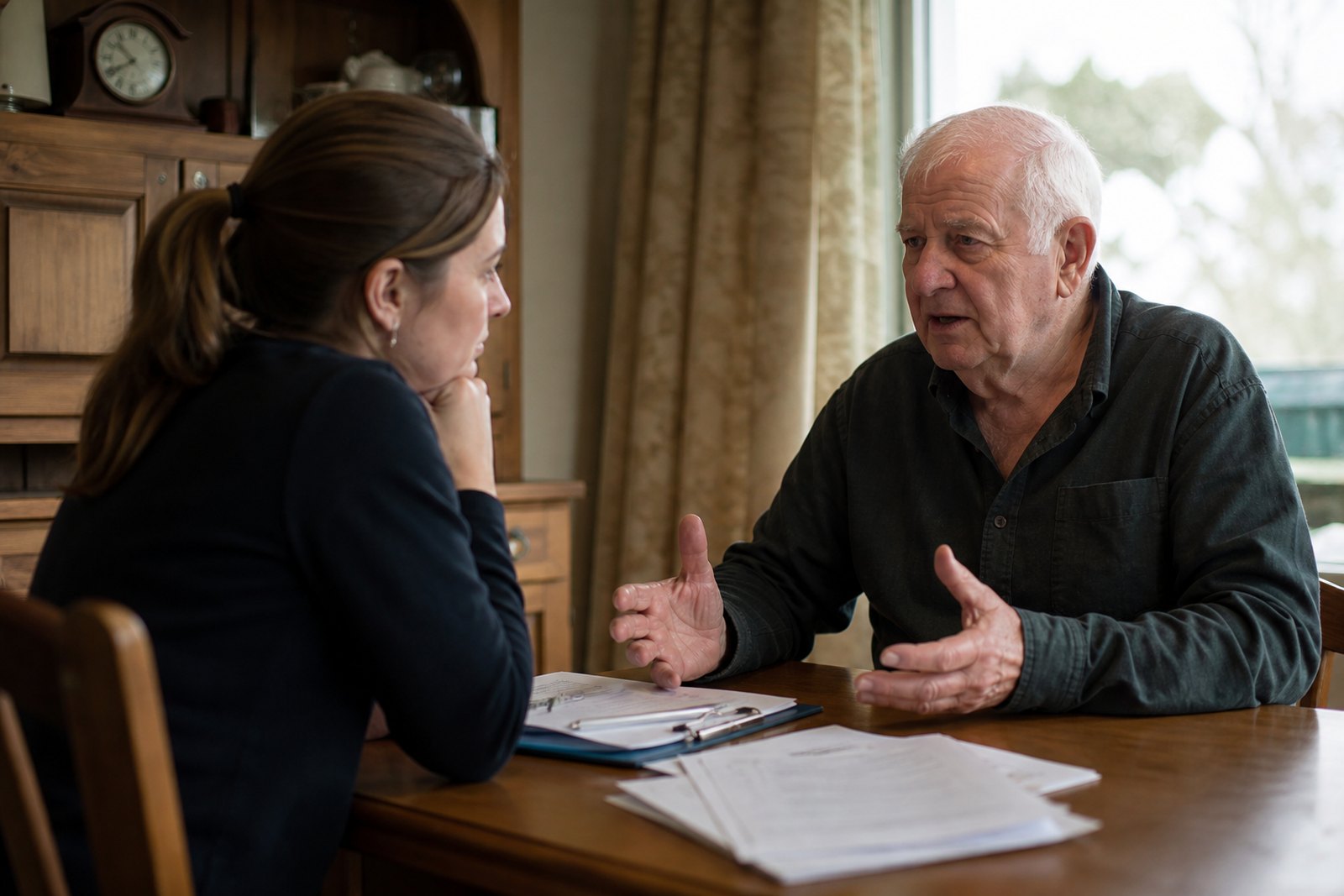An occupational therapist and an older man talking at a dining table during an assessment