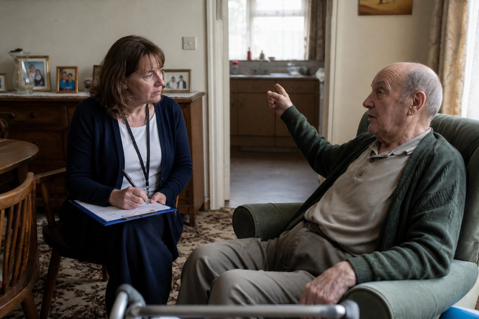 An occupational therapist making notes while an older man explains something in his living room