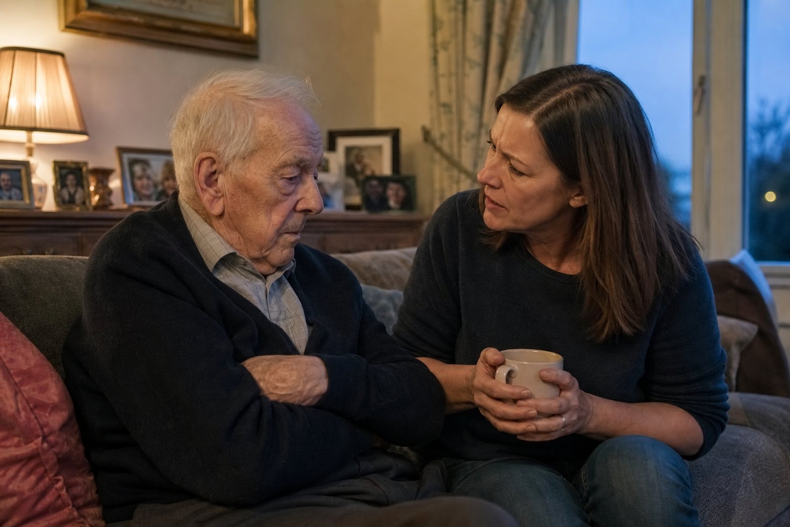 An elderly man and his adult daughter having a quiet, serious conversation together on a sofa