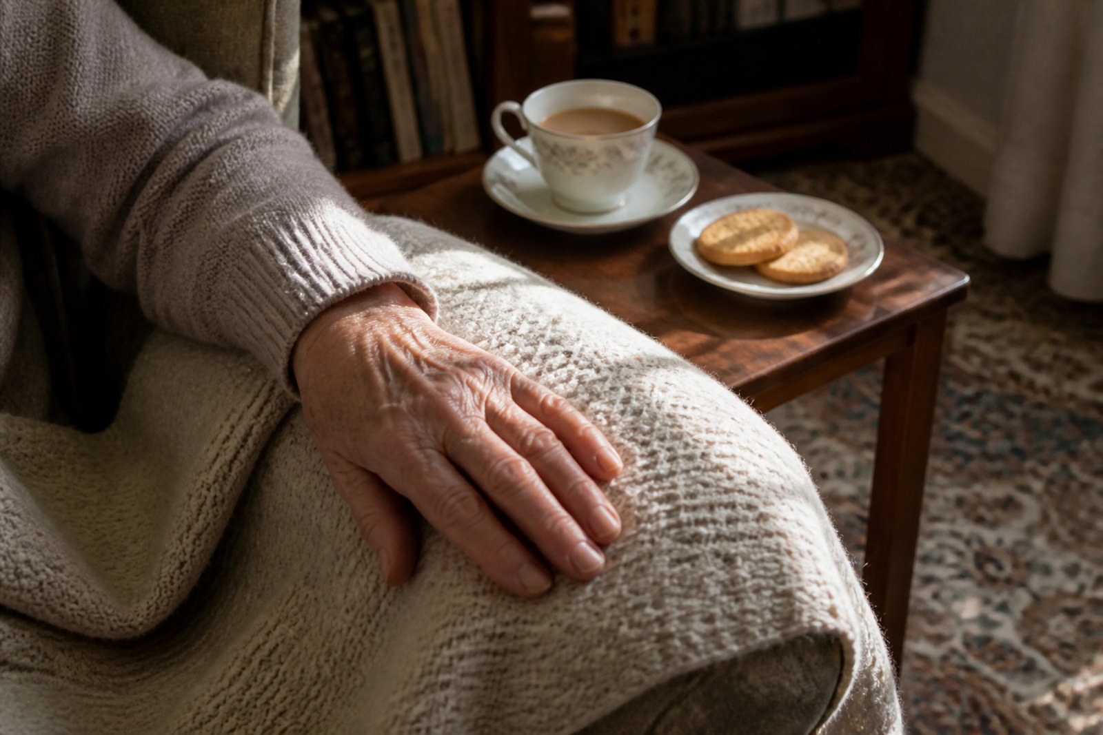 An older person's hand resting on a soft blanket over the arm of a high-backed chair, with a cup of tea and biscuits on a side table in sunlight